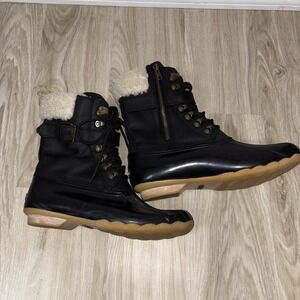Sperry Black Duck Boots Shearling Lined Leather Waterproof Lace Up Womens 9